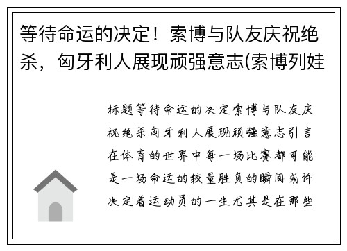 等待命运的决定！索博与队友庆祝绝杀，匈牙利人展现顽强意志(索博列娃)