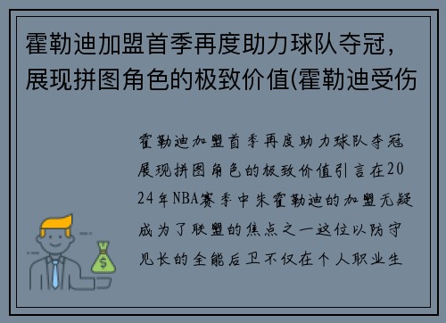 霍勒迪加盟首季再度助力球队夺冠，展现拼图角色的极致价值(霍勒迪受伤了吗)