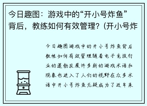 今日趣图：游戏中的“开小号炸鱼”背后，教练如何有效管理？(开小号炸鱼什么意思)